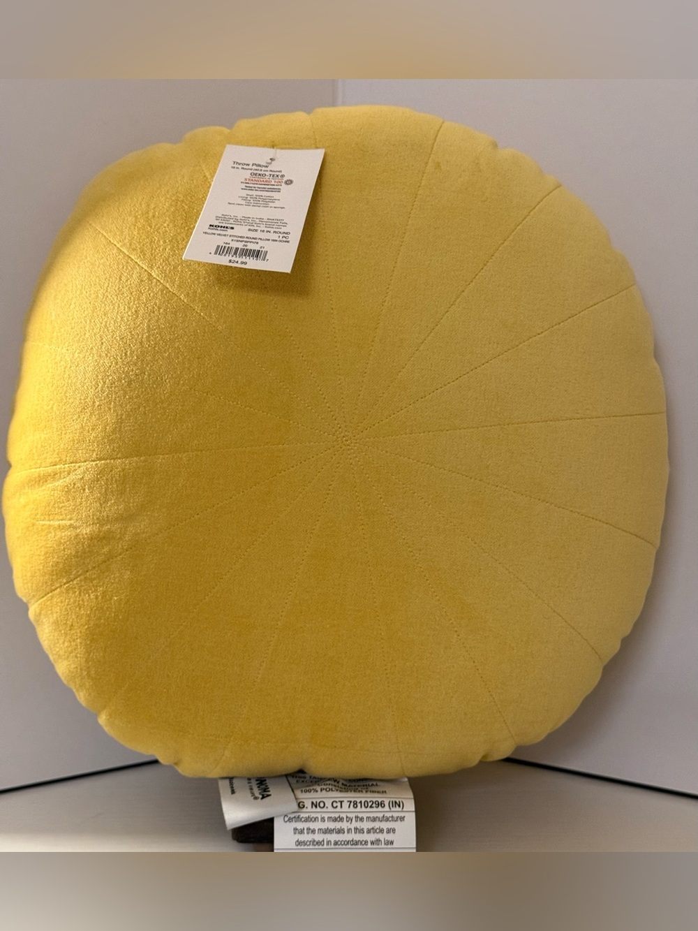 NWT Mustard Yellow Velvet Round Throw Pillow 16” Sunburst Accent Cushion